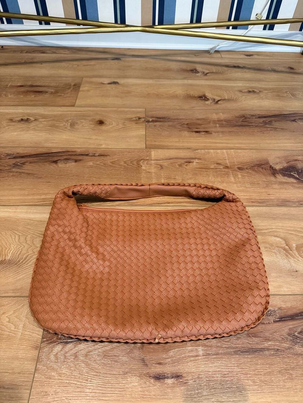 Woven Faux Leather Shoulder Bag Brown Hobo